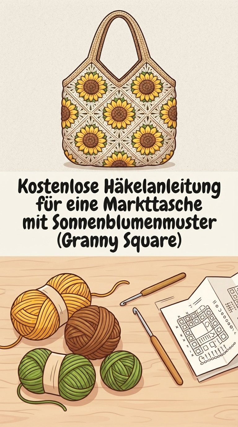 Kostenlose Häkelanleitung für eine Markttasche mit Sonnenblumenmuster (Granny Square) content image