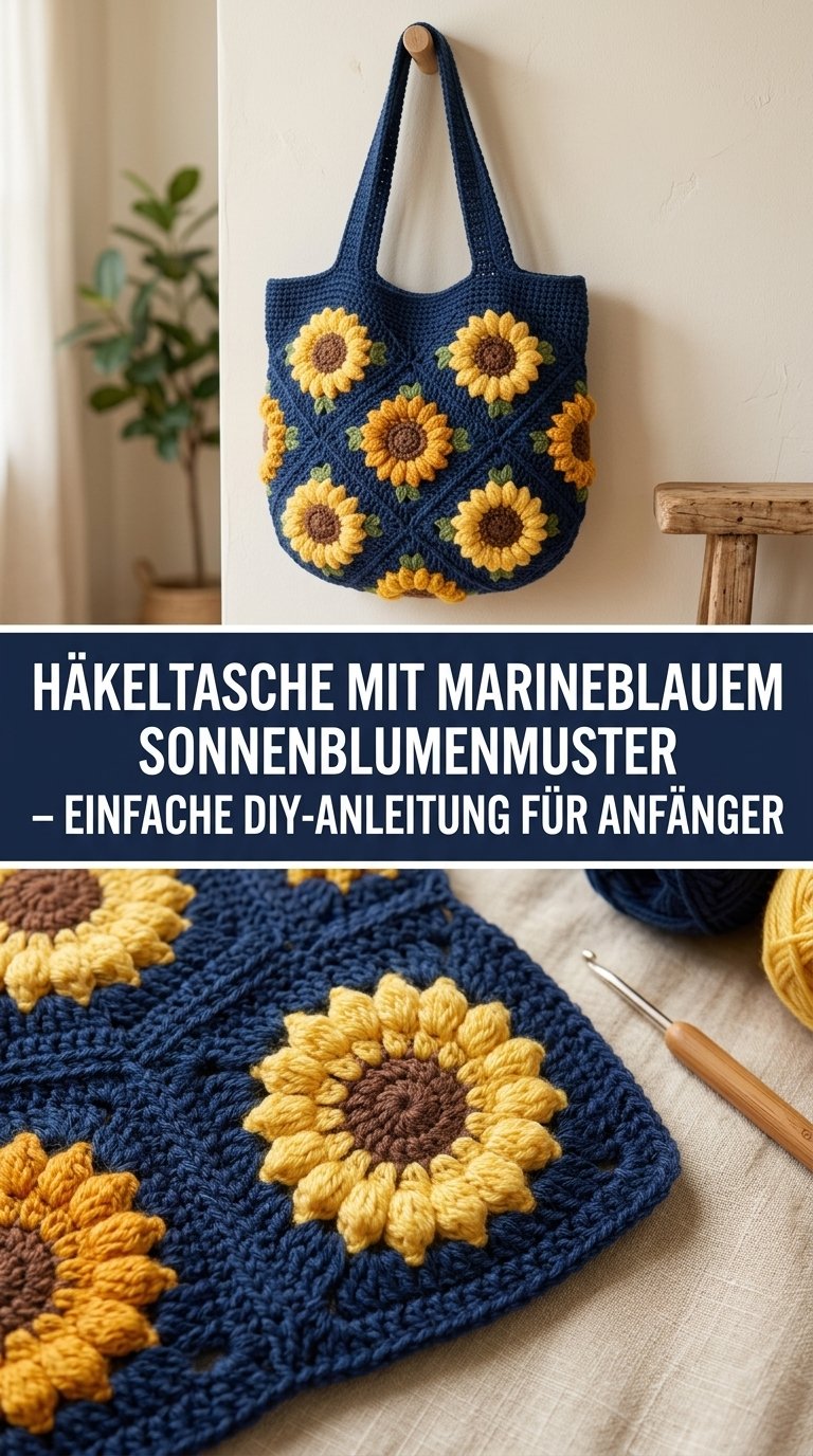 Häkeltasche mit marineblauem Sonnenblumenmuster – Einfache DIY-Anleitung für Anfänger image 2