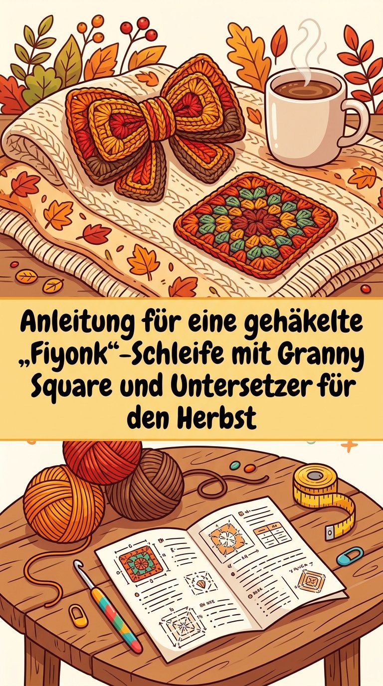 Anleitung für eine gehäkelte „Fiyonk“-Schleife mit Granny Square und Untersetzer für den Herbst content image